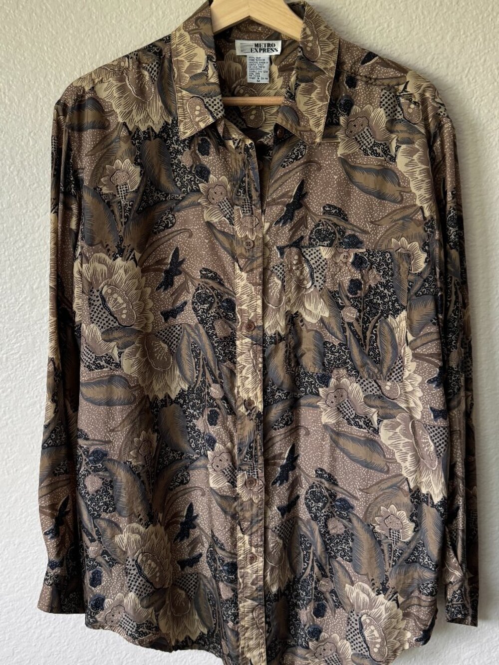 Vtg Metro Express Silk Button Down Floral Neutral Effortless Lightweight Casual